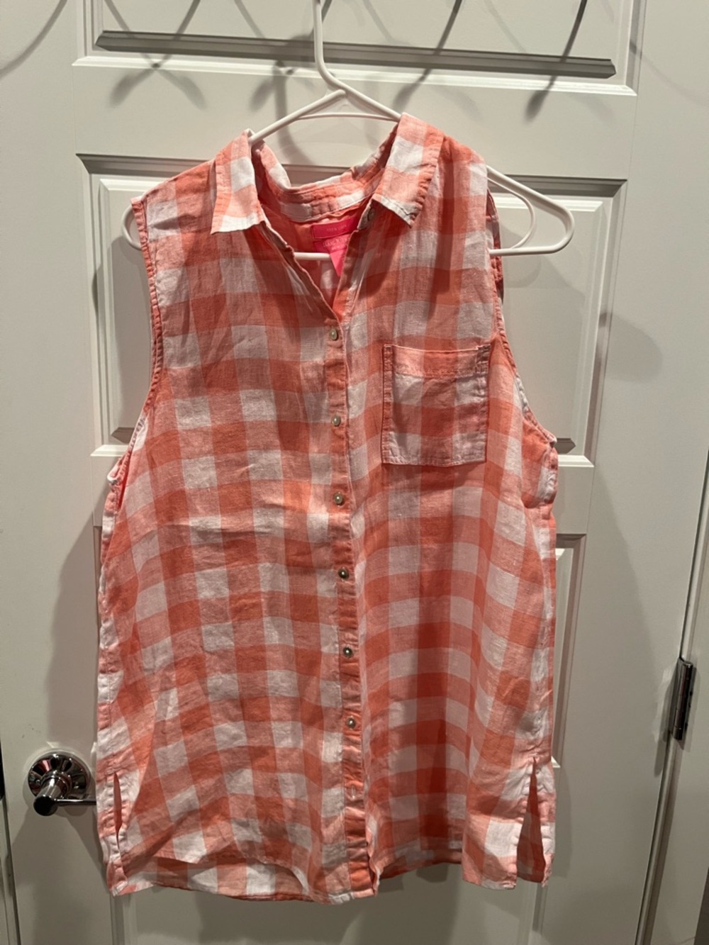 Isaac Mizrahi Coral and White Gingham Linen Shirt